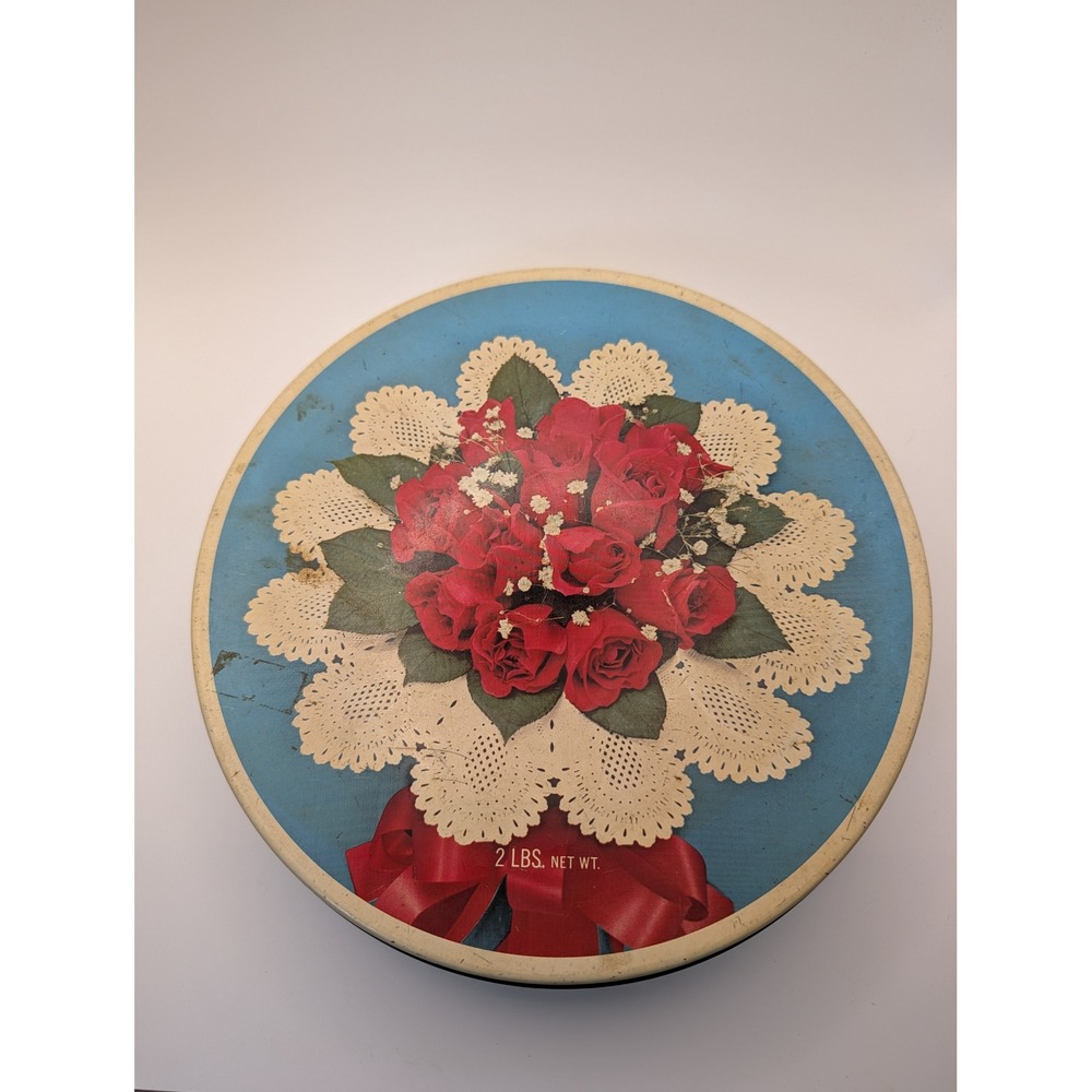 Vintage Brach Comtessa Chocolates Blue Tin Red Roses Floral Round Metal 9.5 Inch